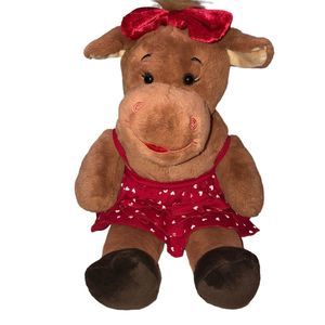 Build-A-Bear Holly Moose 18" Plush w/Red Bow and Red Heart Ruffled Jumper